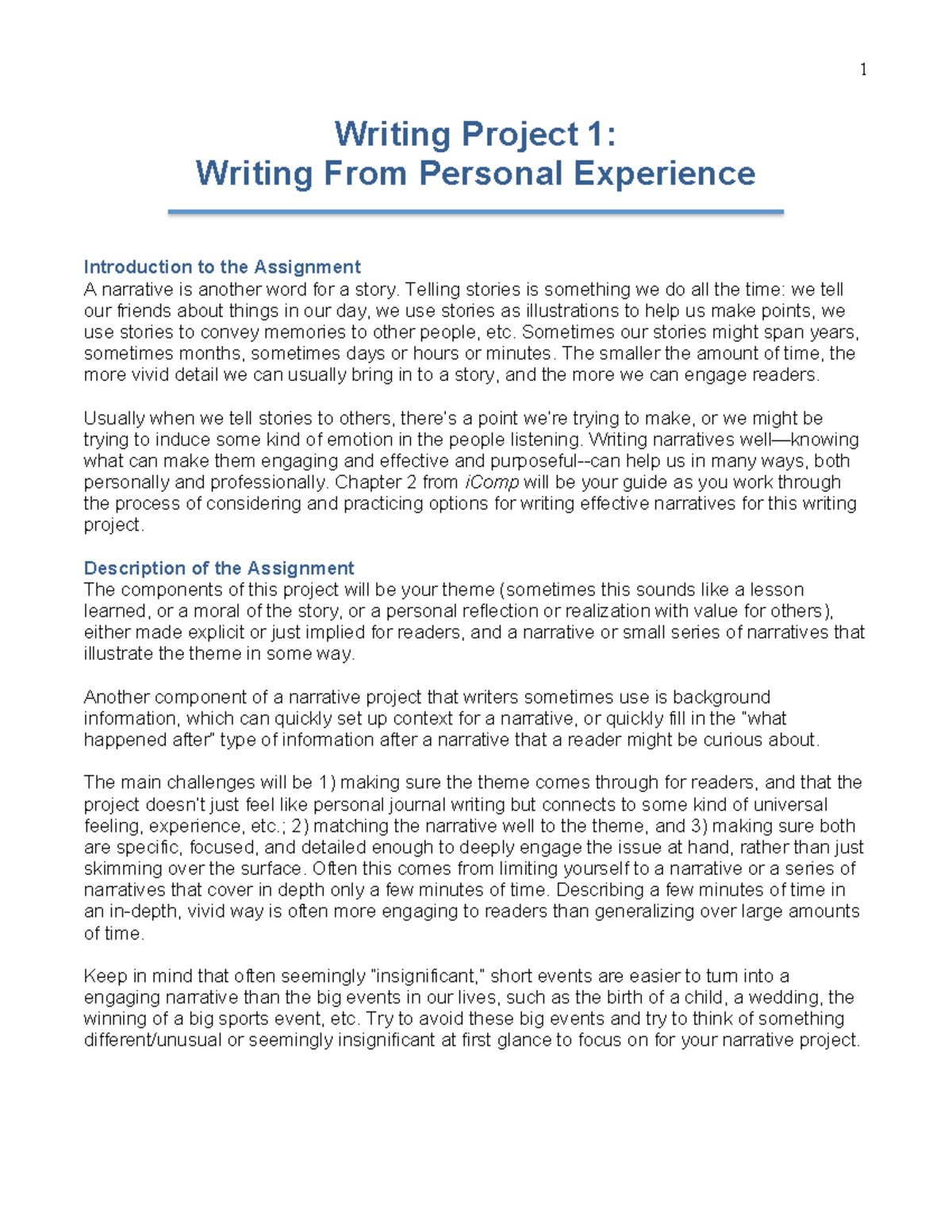 Writing Project 1: Crafting Engaging Personal Narratives - Studocu