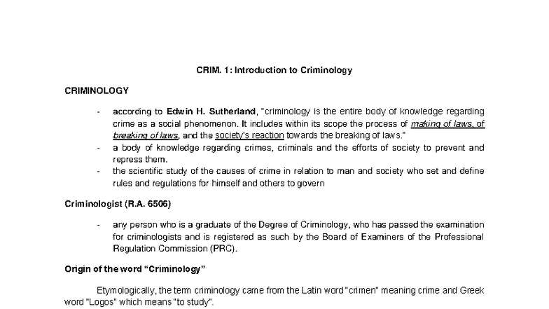 CRIM. 1: Intro to Criminology - Key Concepts and Theories - Studocu