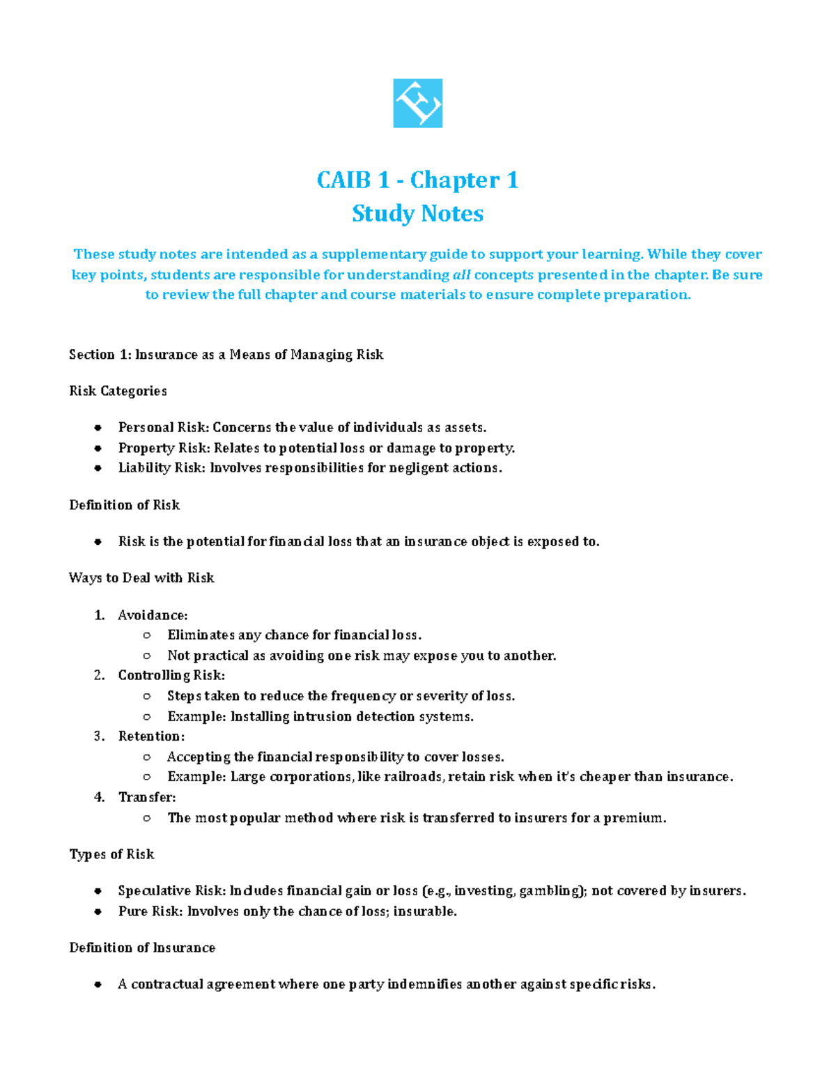 CAIB 1 - Chapter 1: Risk Management & Insurance Overview - Studocu