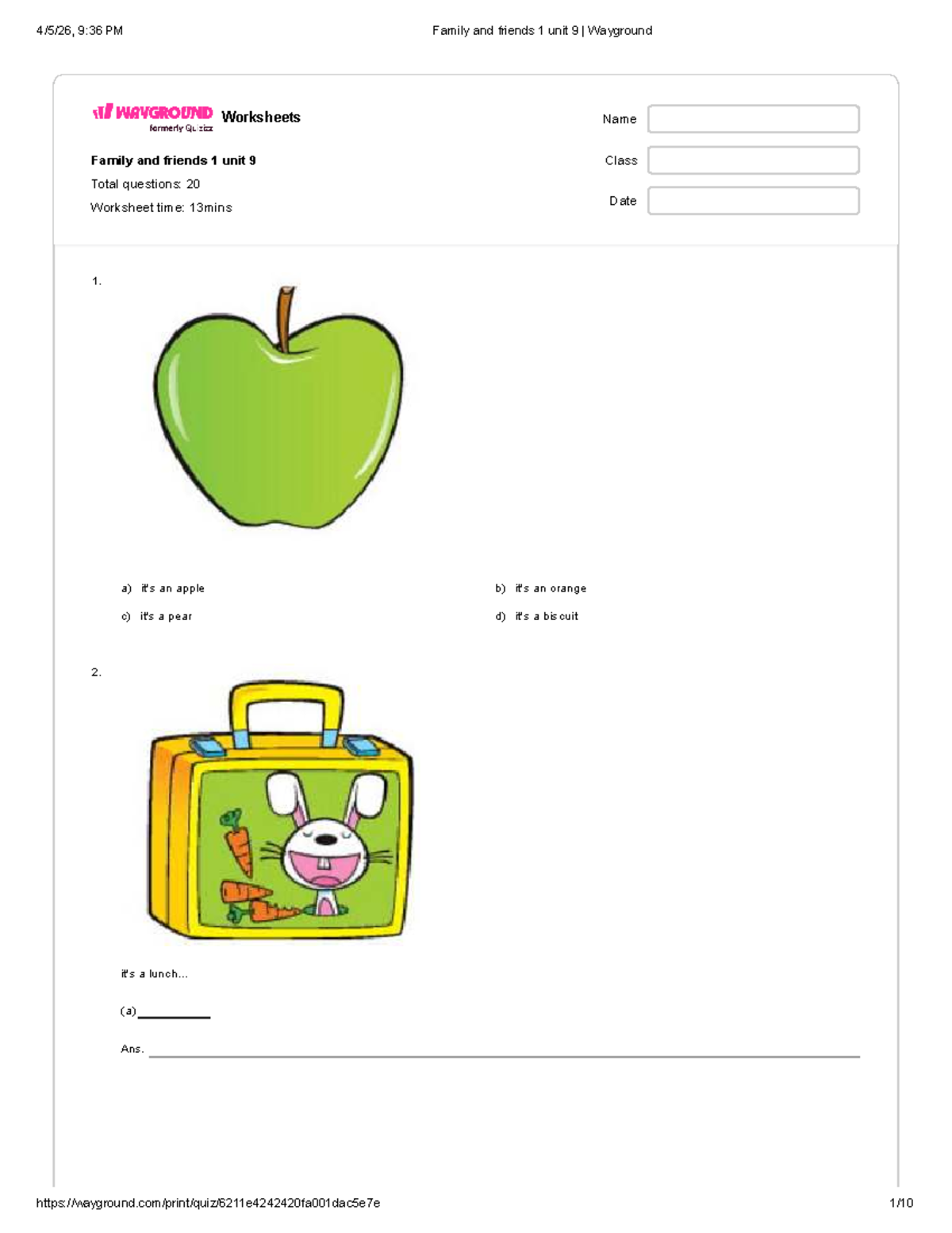 Family and Friends 1 Unit 9 Wayground Worksheet Answers - Studocu