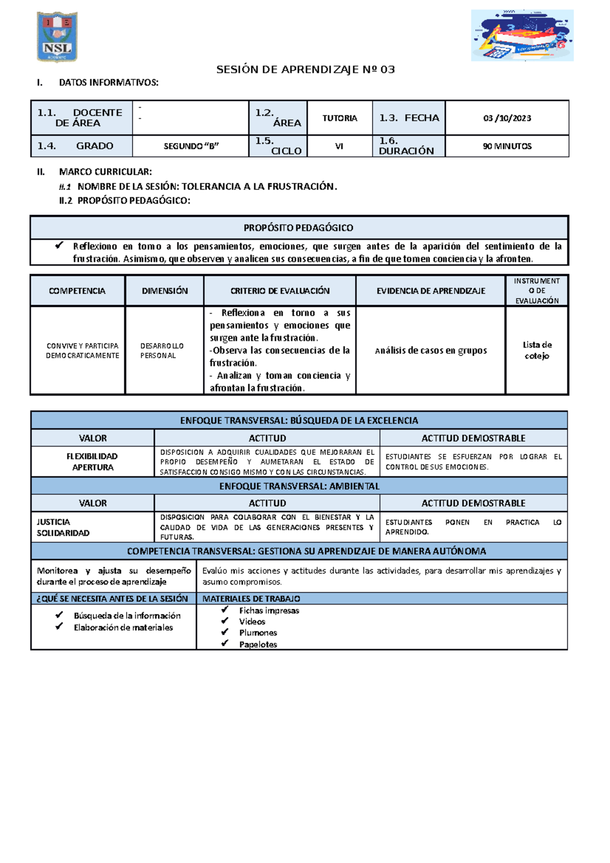Sesión 03: Tolerancia a la Frustración - Reflexiones y Estrategias - Document Preview