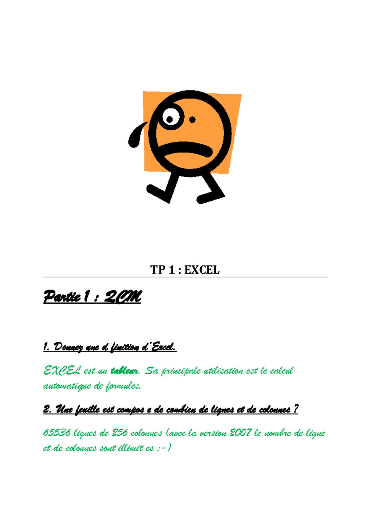 TP 1 : EXCEL Partie 1 - QCM et Notes d'Informatique de Gestion - Studocu