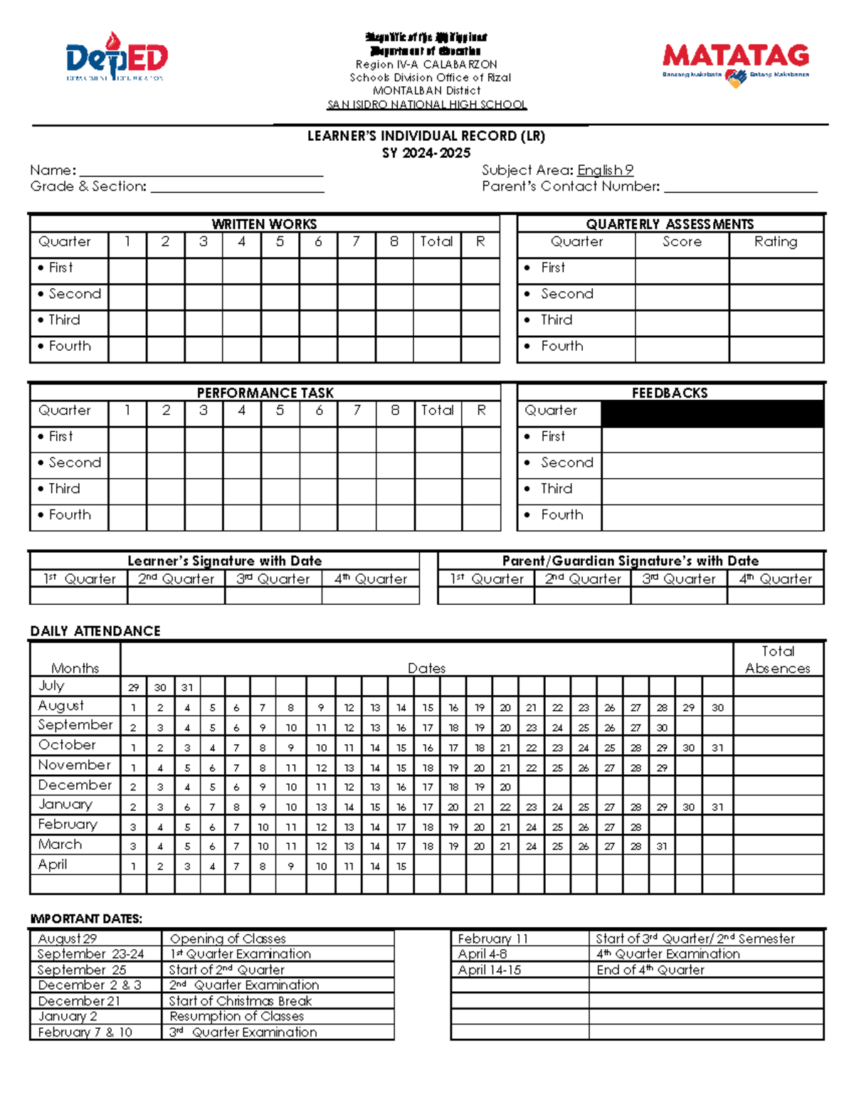 Individual-Learner s-Record-LR - Republic of the Philippines Department ...