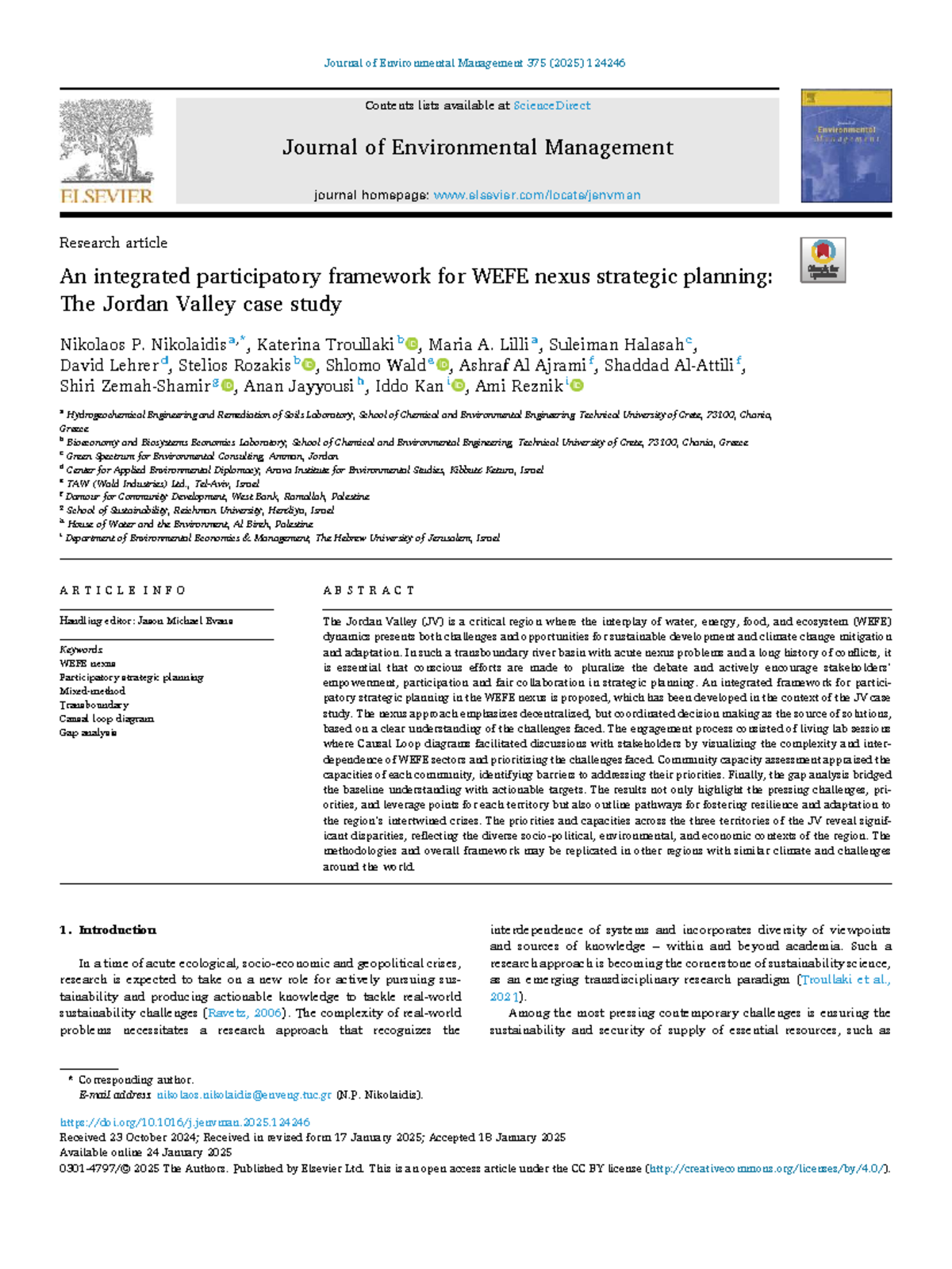 An Integrated Participatory Framework for WEFE Nexus Planning: Jordan ...