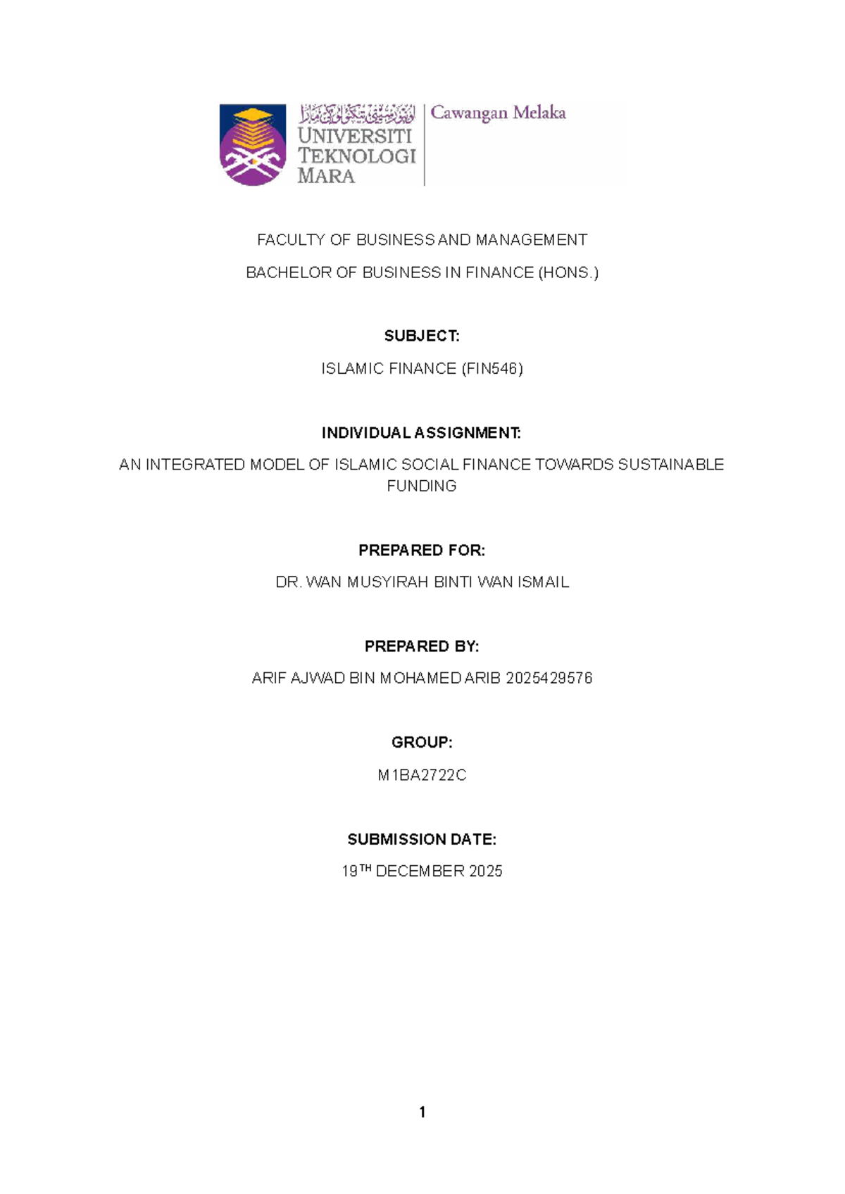 FIN546 Individual Assignment: Integrated Model of Islamic Social ...