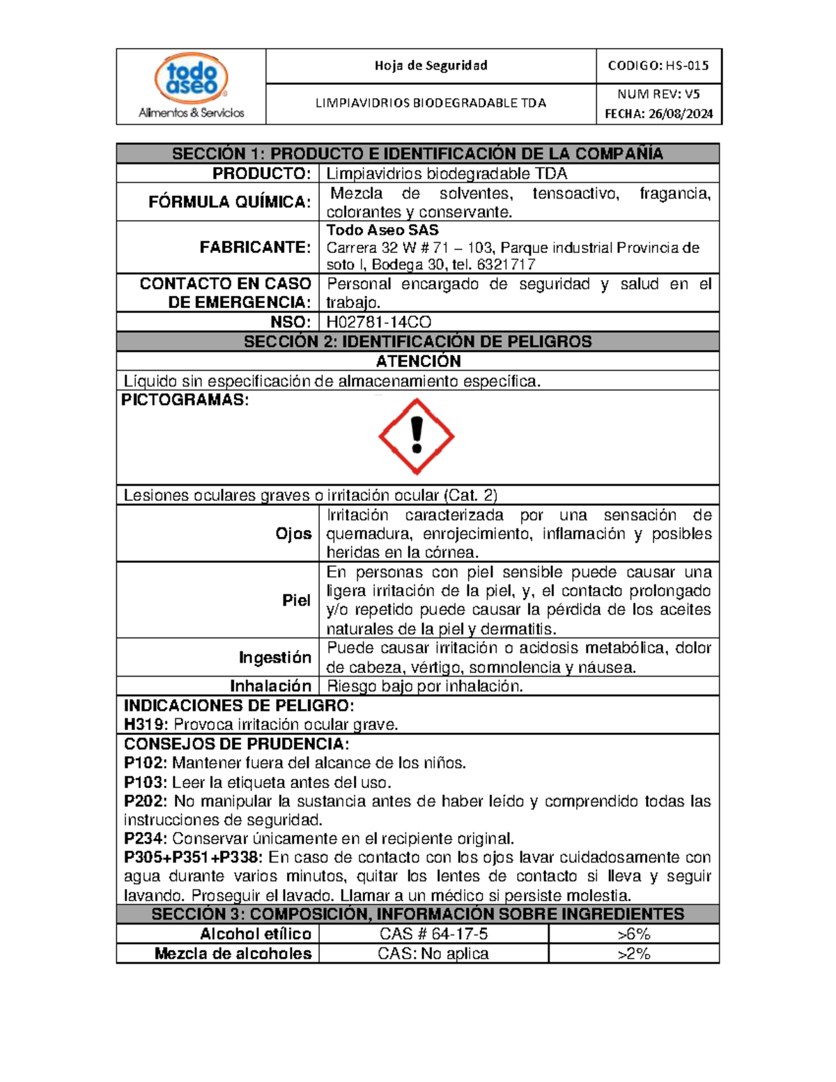 HS-015 Hoja de Seguridad para Limpiavidrios Biodegradables TDA - Document Preview