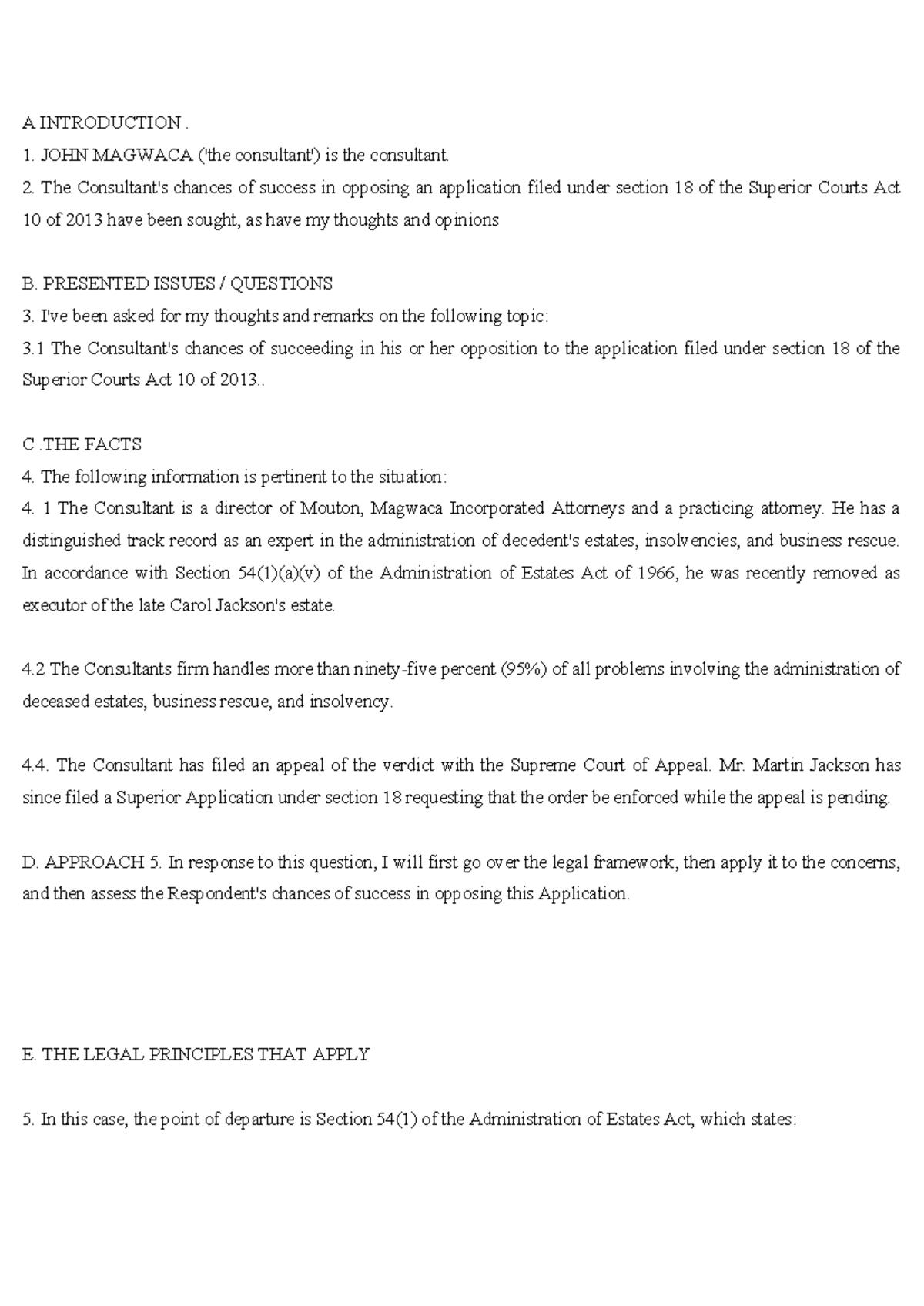 Legal Opinion on Section 18 Applications - John Magwaca - Studocu