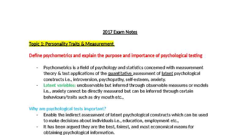 2017 Exam Notes - Psychometrics & Personality Traits Measurement - Studocu