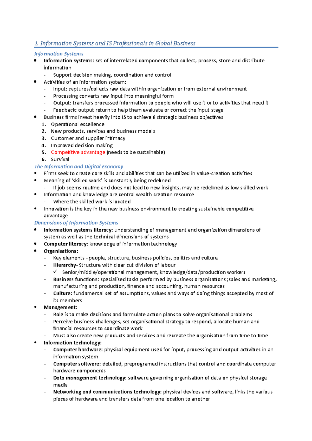 Notes on information systems - 1. Information Systems and IS ...