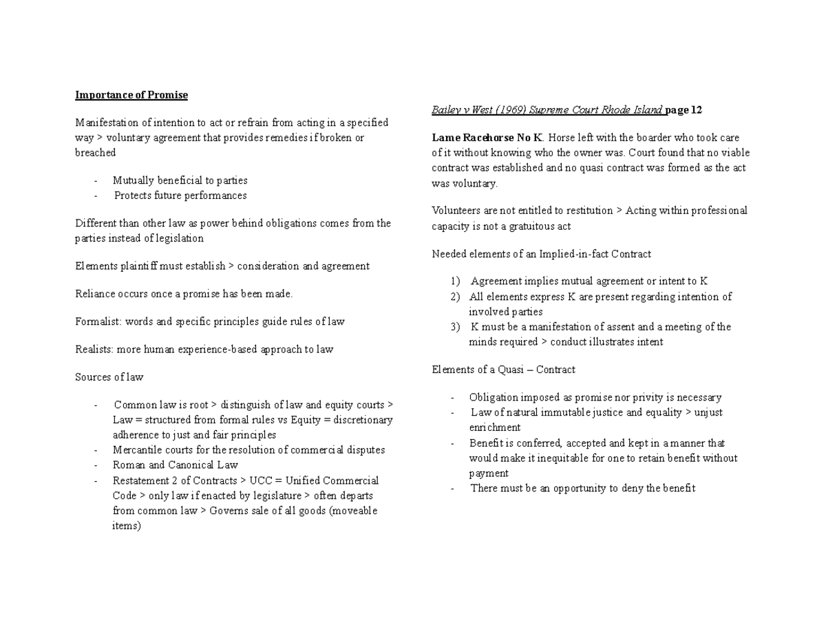 Contracts 2023 Outline: Key Principles and Case Law Analysis - Studocu