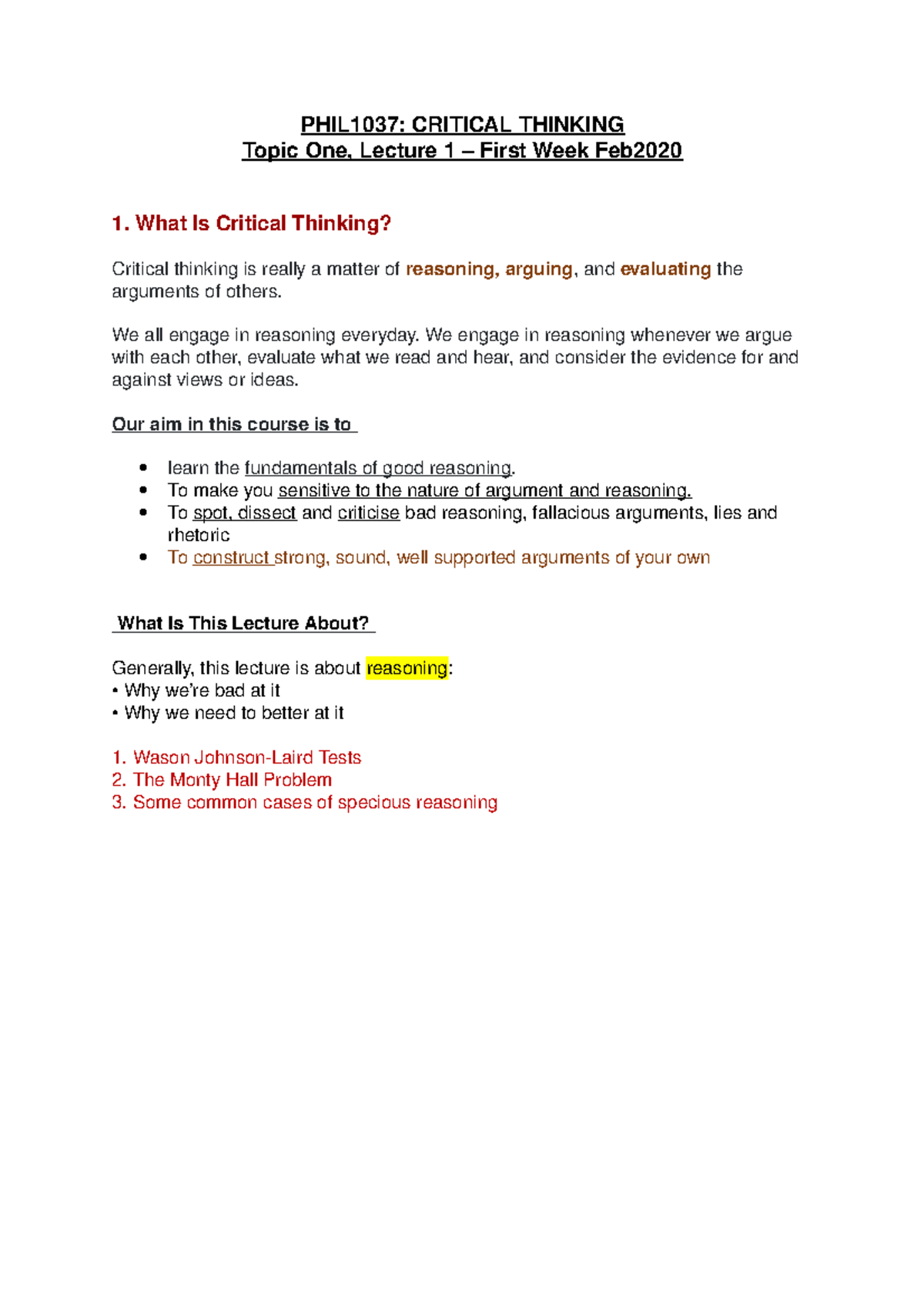 PHIL1037 W1L1 - Critical Thinking Lecture Notes on Reasoning - Studocu