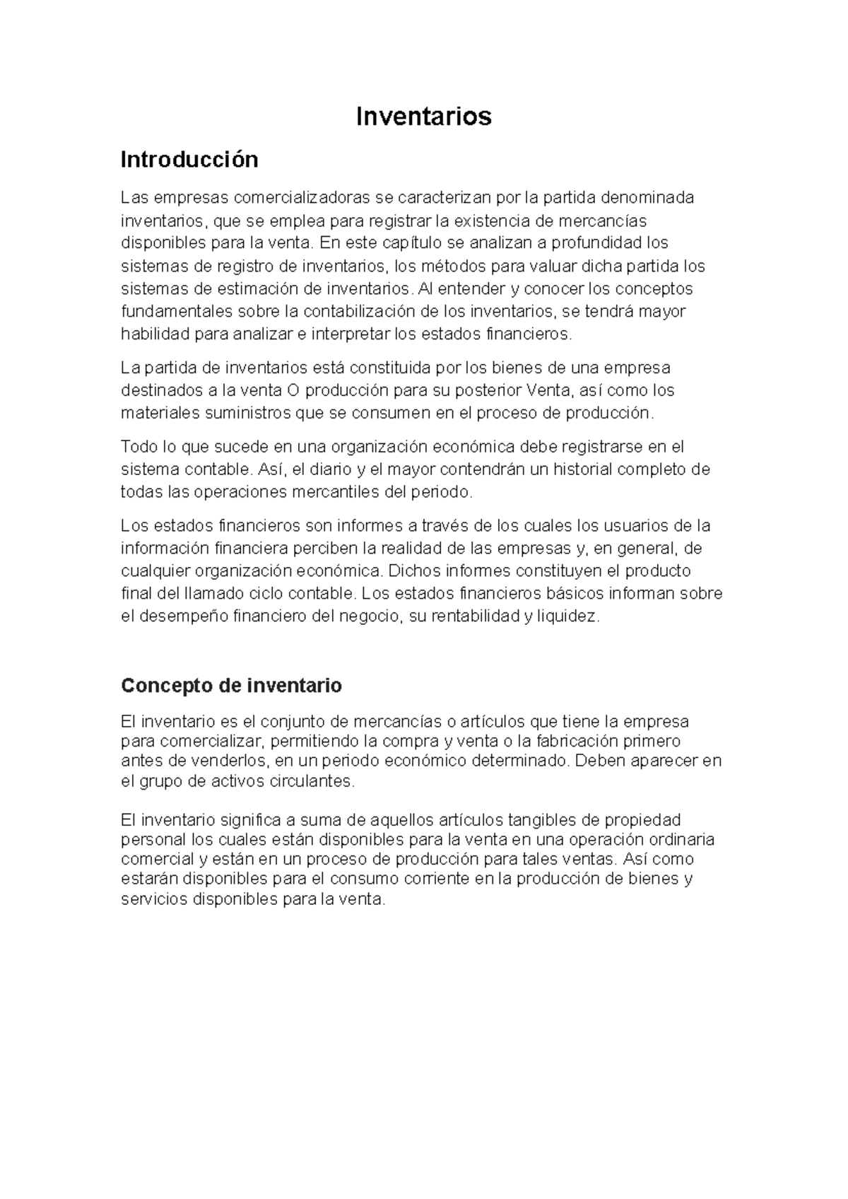 Inventarios: conceptos y sistemas de registro en contabilidad - Studocu