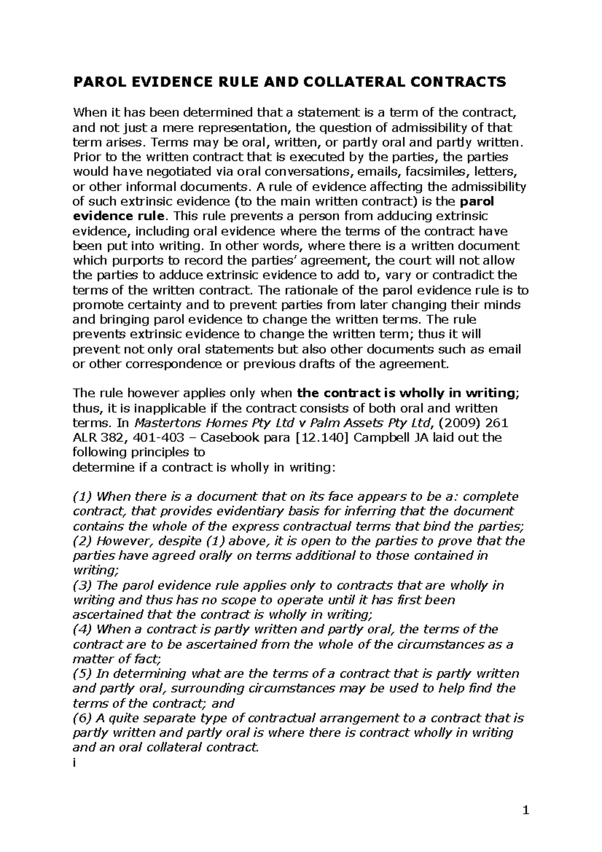 Parol Evidence Rule and Collateral Contracts: LAWS1075 Overview - Studocu