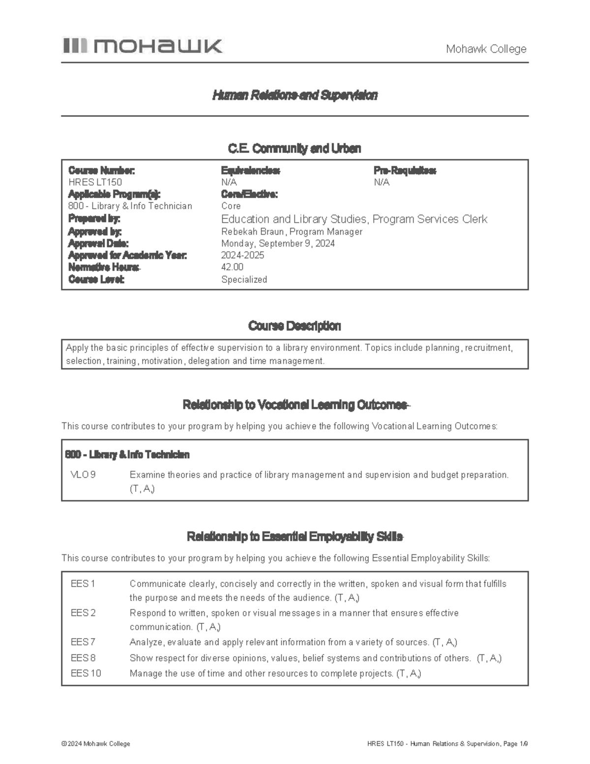 Hreslt 150 - F24 - Course Outline - Mohawk College Human Relations and ...