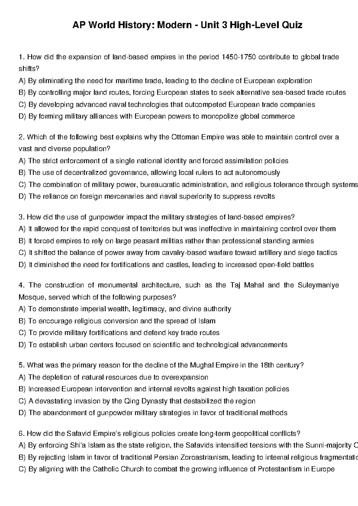 APWH Unit3 Quiz - A unit 3 quiz on APWH - AP World History: Modern ...