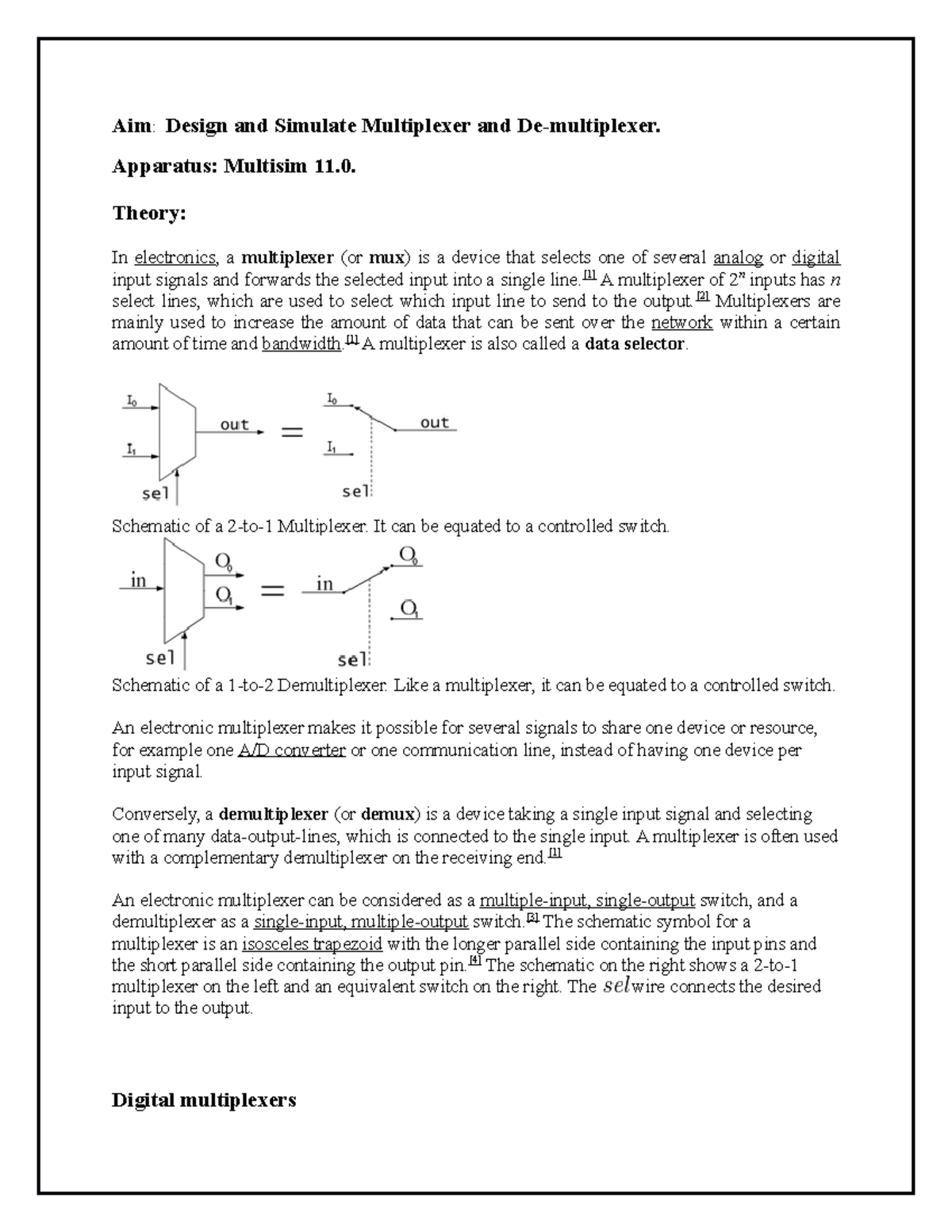 Experiment of Design and Simulate Multiplexer and Demultiplexer - Aim ...