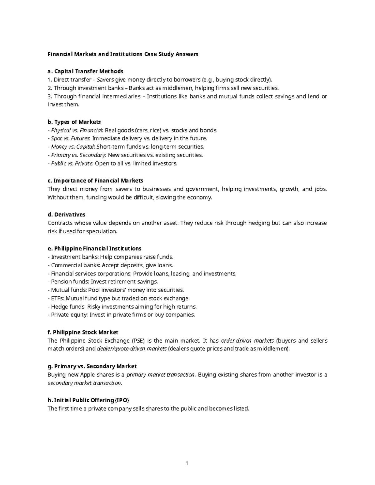 Financial Markets and Institutions Case Study Answers (FIN 101) - Studocu