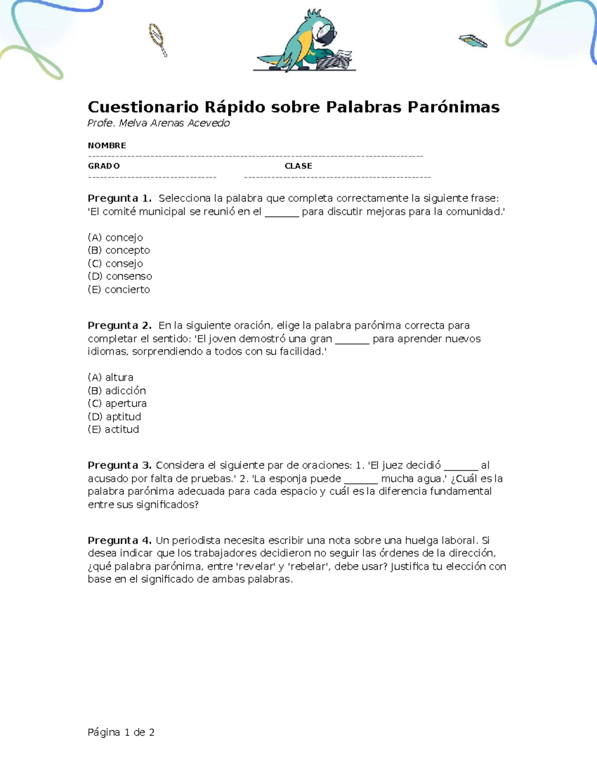 Taller de Palabras Parónimas - Grado 9 IEMO - Studocu