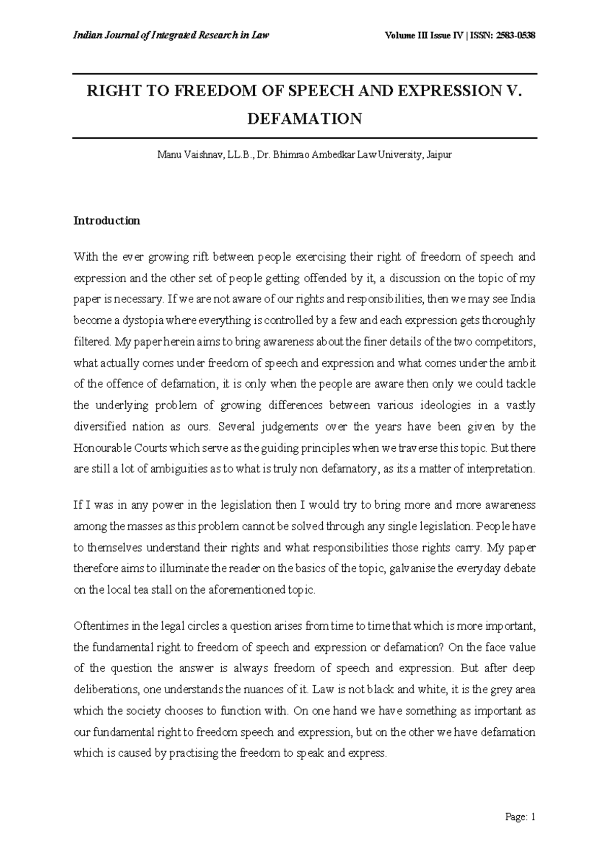Right to Freedom of Speech and Expression vs. Defamation: A Legal ...