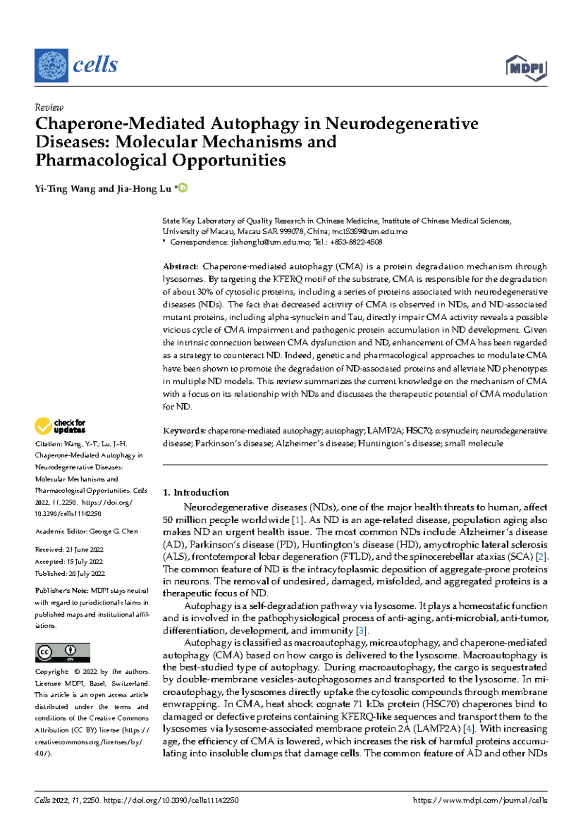 Cells 2022: Chaperone Mediated Autophagy in Neurodegenerative Diseases ...