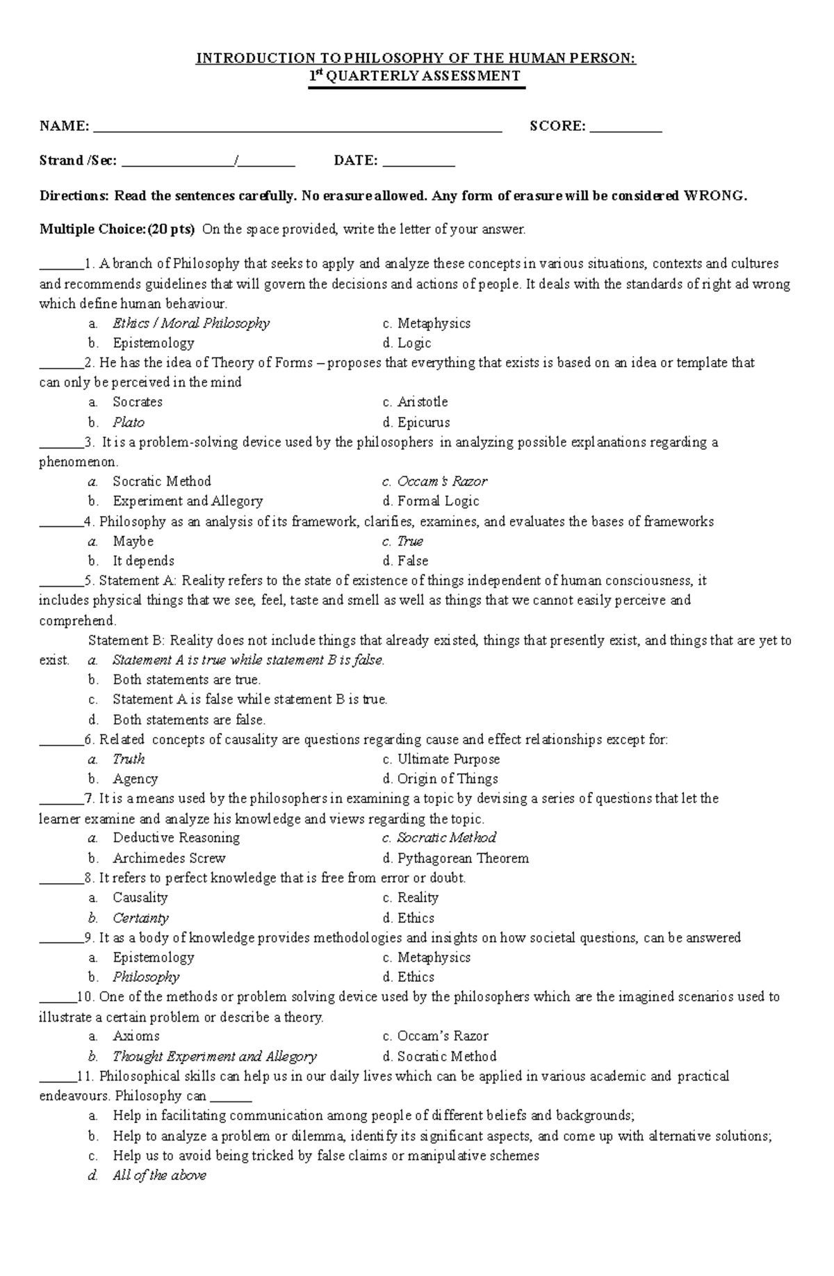 1st Quarter Exam: Intro to Philosophy of the Human Person (PHIL101 ...