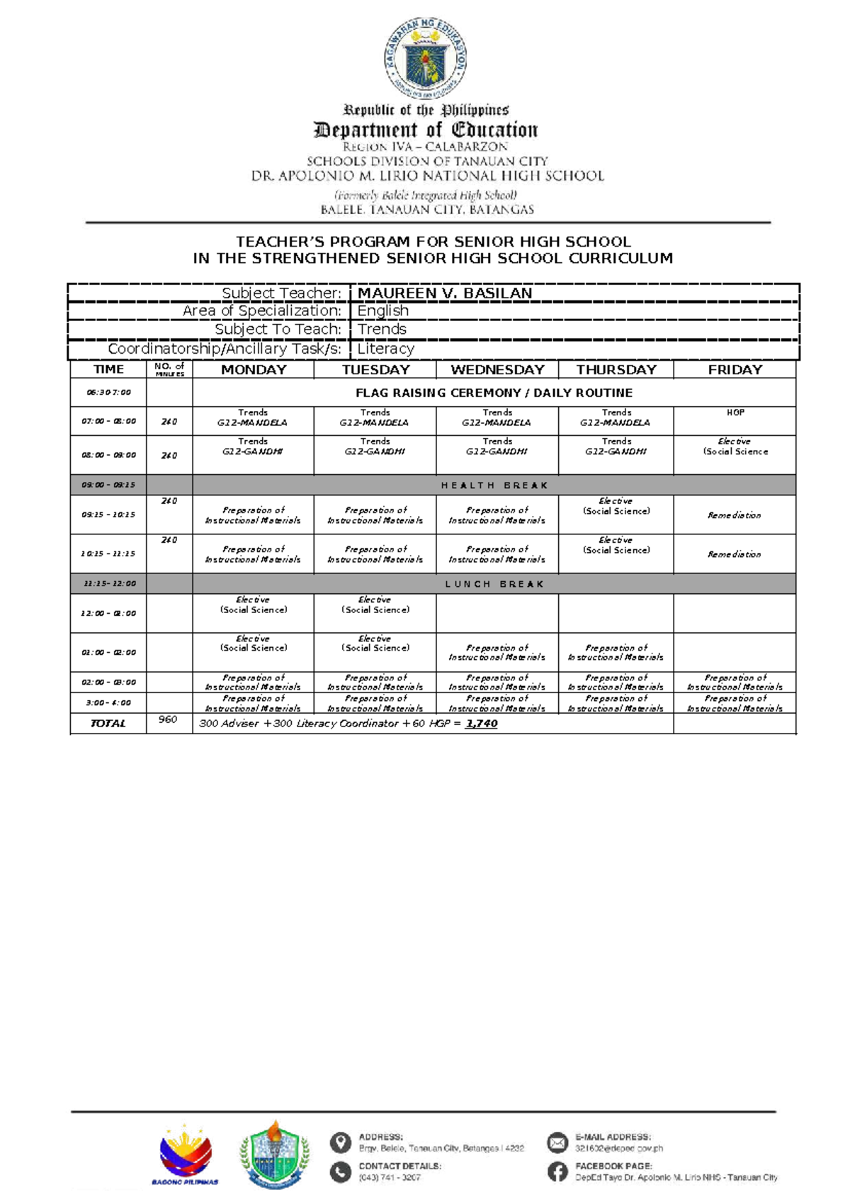 Teachers' Program Template for SHS SY 2026-2027 - Studocu