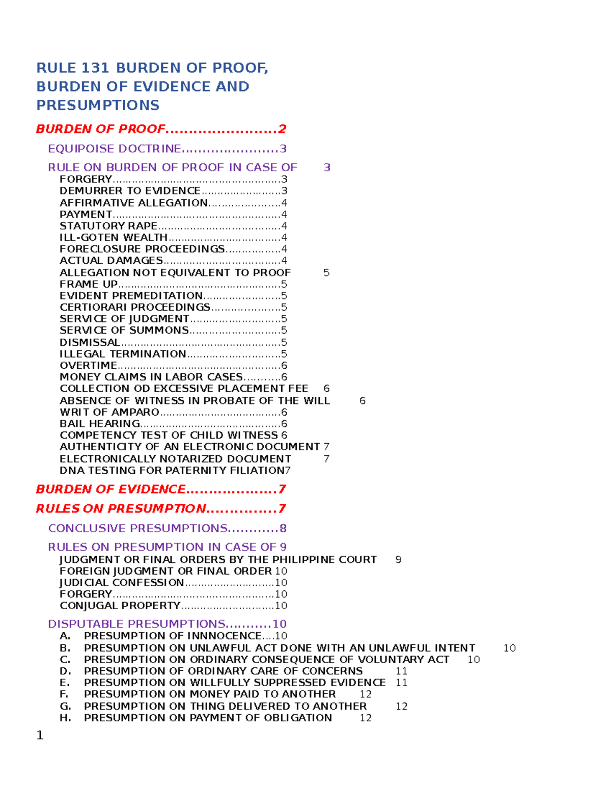 RULE 131 BURDEN OF PROOF, BURDEN OF EVIDENCE AND PRESUMPTIONS - RULE ...