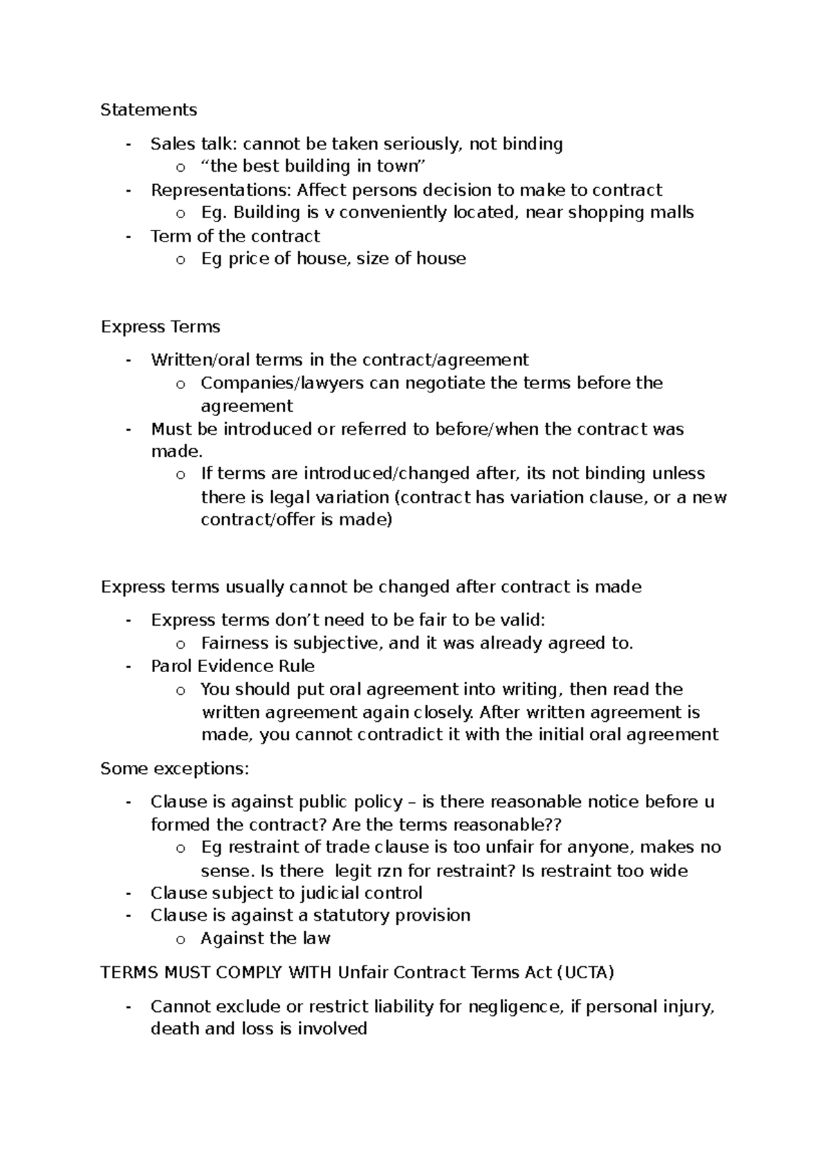 Statements - notes for business law - Statements - Sales talk: cannot ...