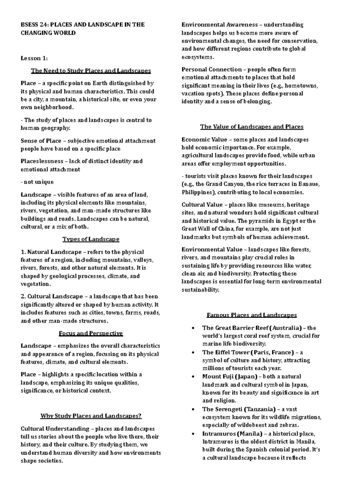 BSESS 24: Lesson 1 - Understanding Places and Landscapes - Studocu