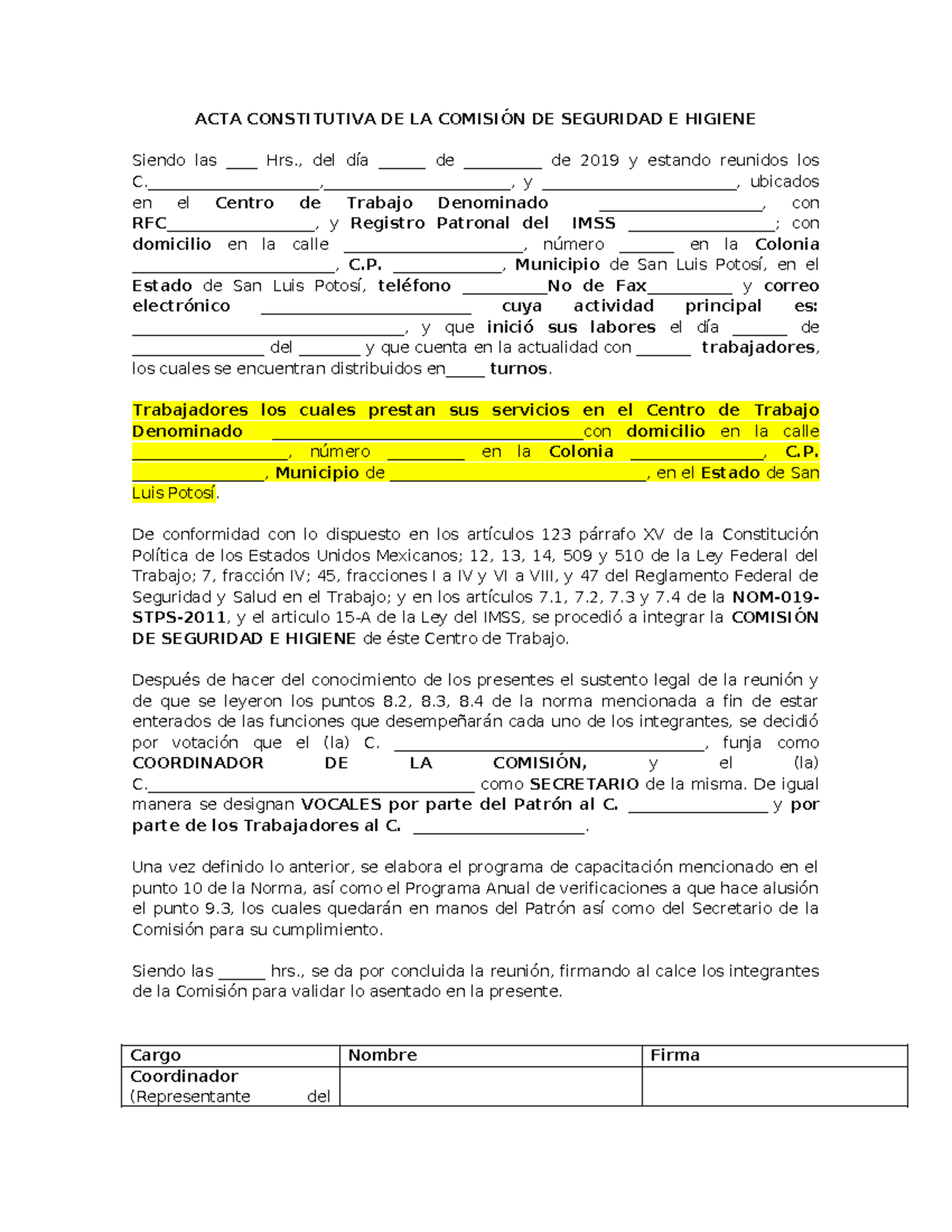 ACTA CONSTITUTIVA DE LA COMISIÓN DE SEGURIDAD E HIGIENE - Studocu