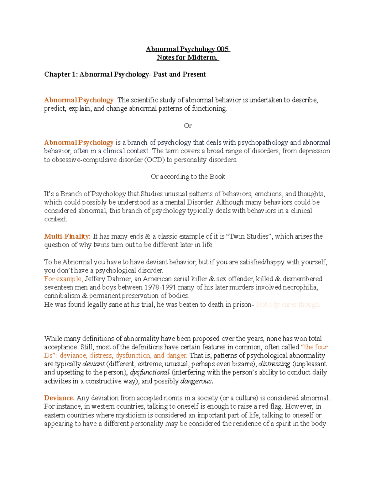 Chapter 1, study guide notes for mid term exam-abnormal psychology ...