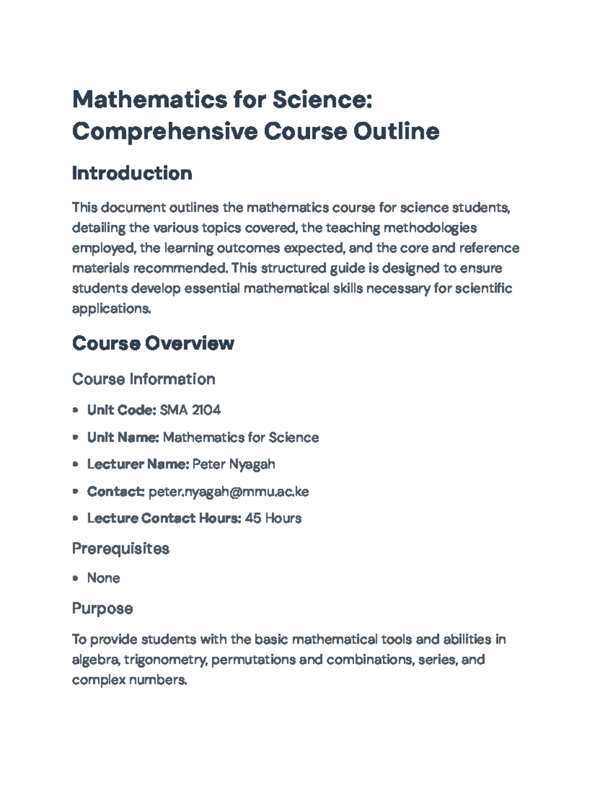 Mathematics for Science - Course Outline (SMA 2104) - Mathematics for ...