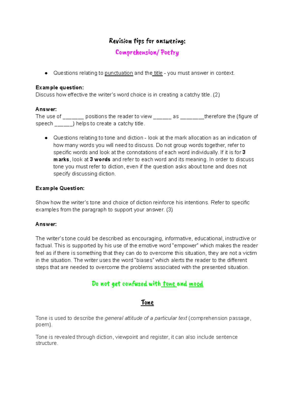 Revision Tips for Comprehension in Poetry Analysis - Studocu