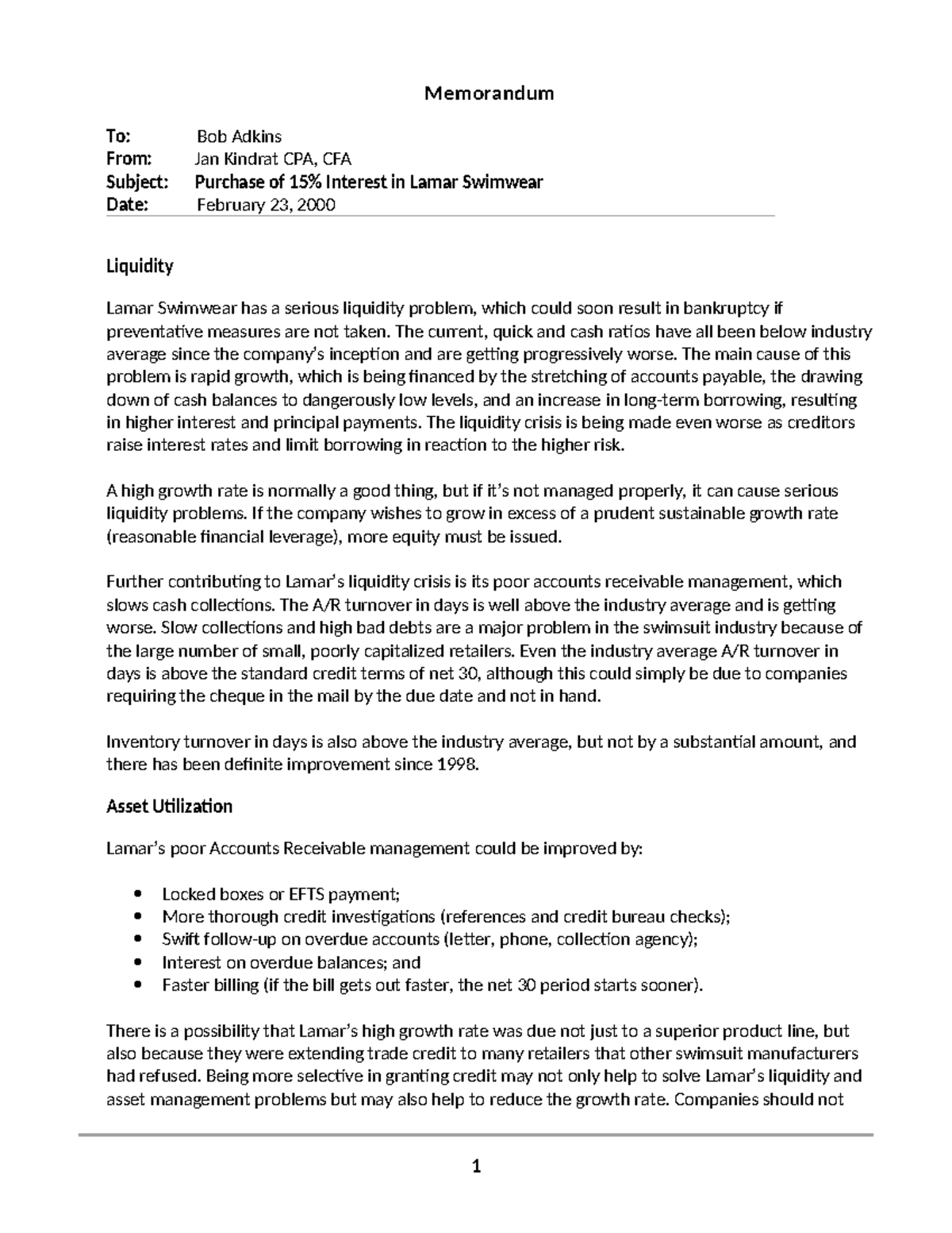 Memo Example: Case Study on Lamar Swimwear's Liquidity Issues - Studocu