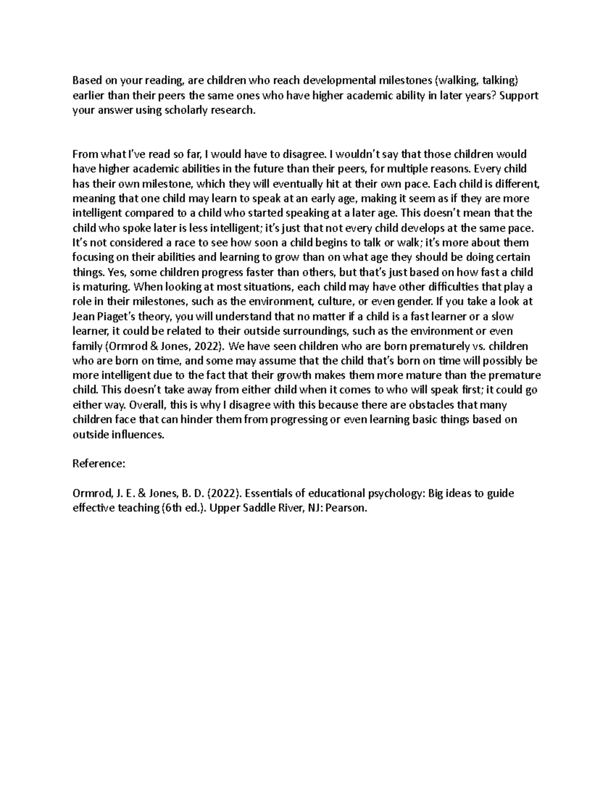 ELM-200 Topic 3 DQ 1 - Milestones vs. Academic Ability in Children ...