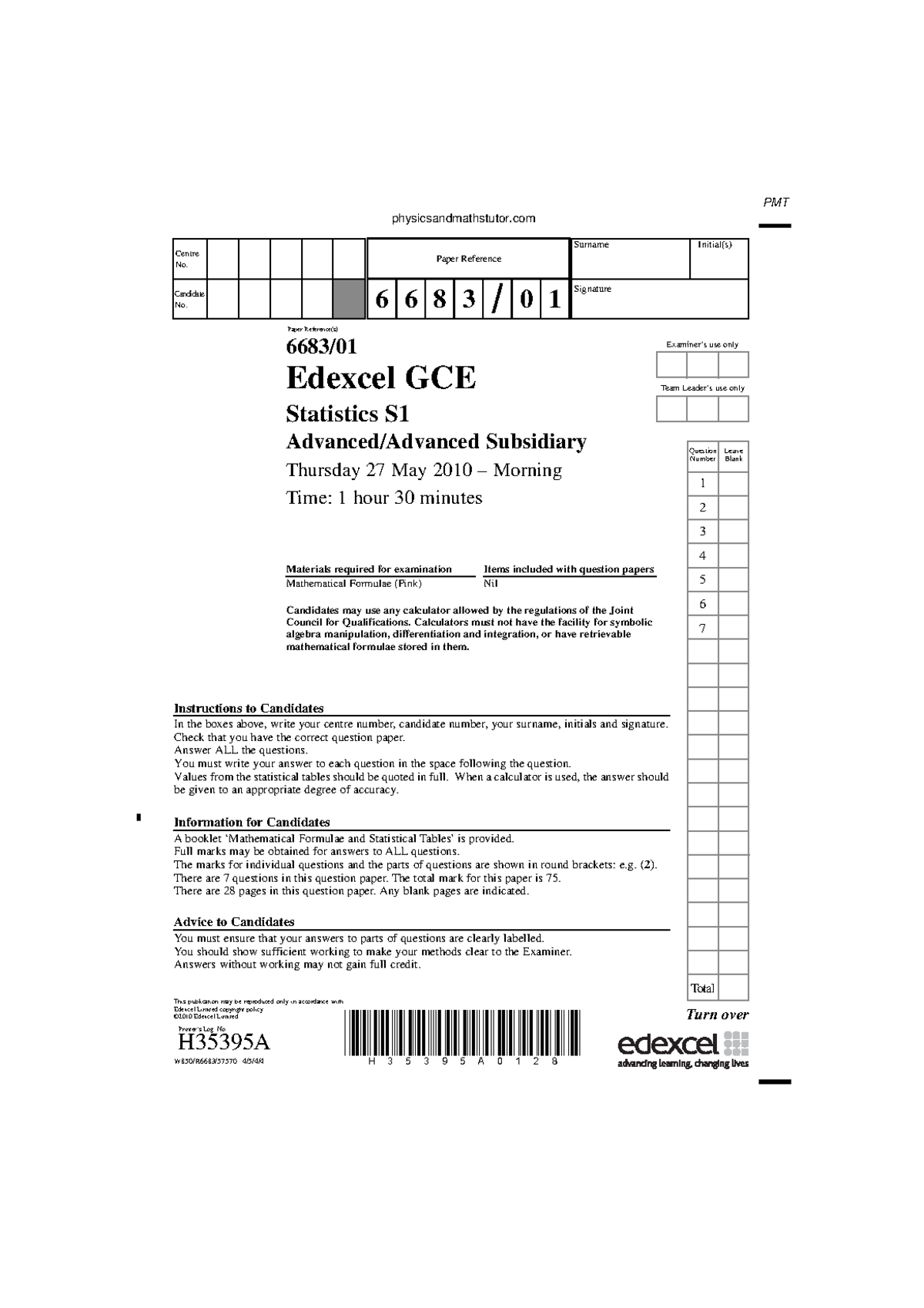 June 2010 GCE Stats Exam Paper & Good Practice Material (QP) - Studeersnel