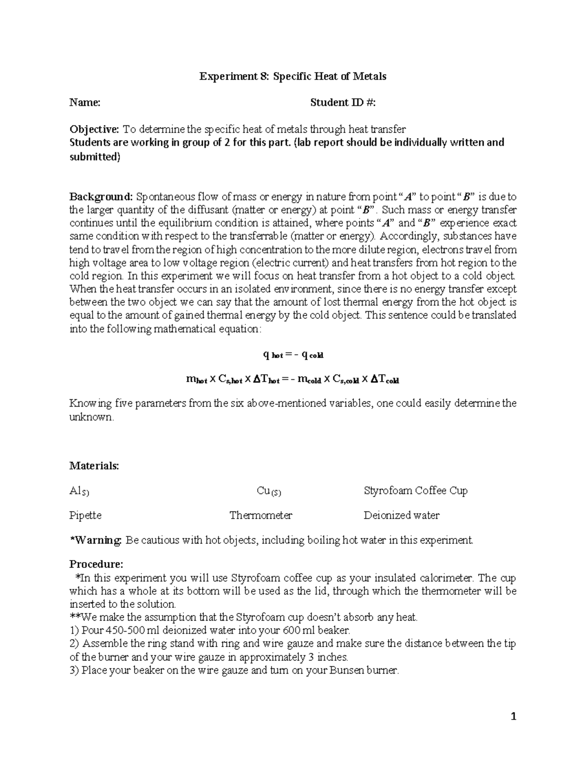 EXP 7 - Specific Heat of Metals - Experiment 8: Specific Heat of Metals ...