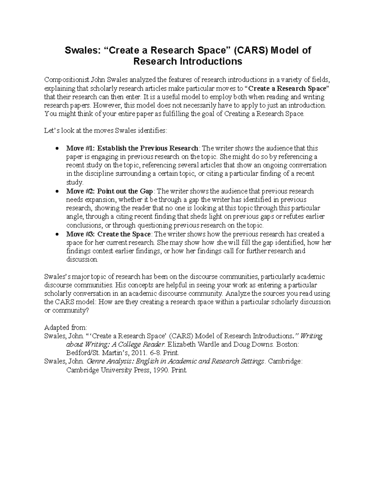 Swales CARS Model: Understanding Research Introduction Techniques - Studocu