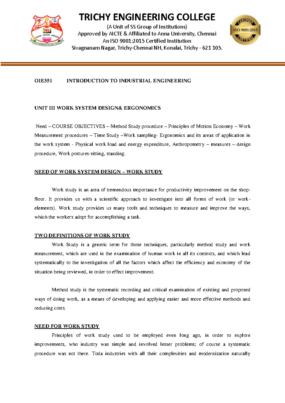 OIE351 Unit 3 Notes: Work System Ergonomics and Method Study - Document Preview