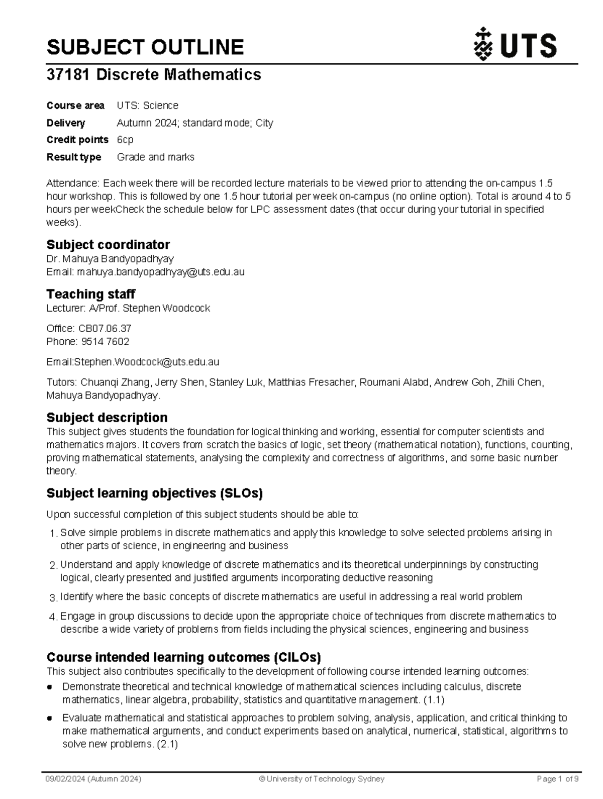 Discrete Mathematics Outline 2024: Subject 37181 Overview and Details ...