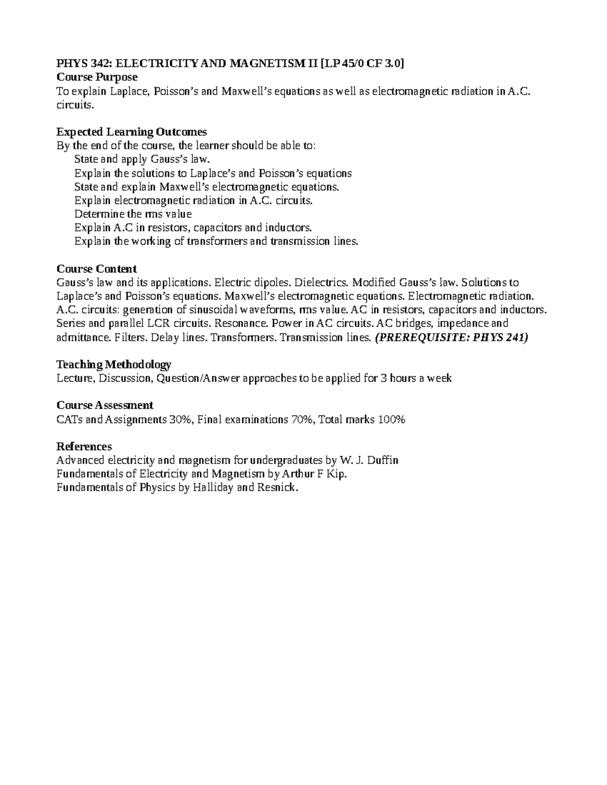 PHYS 342: Electricity and Magnetism II Course Outline - Studocu