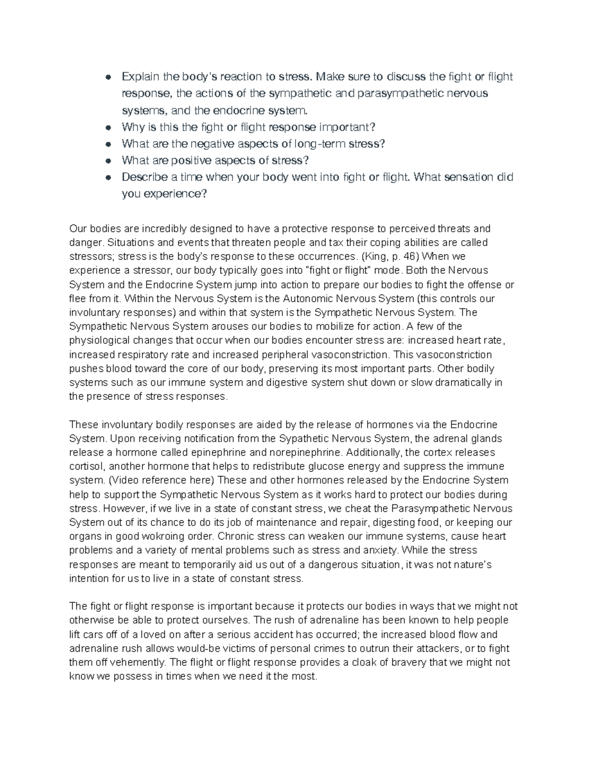 Psychology 101: Discussion on Stress Response and the 