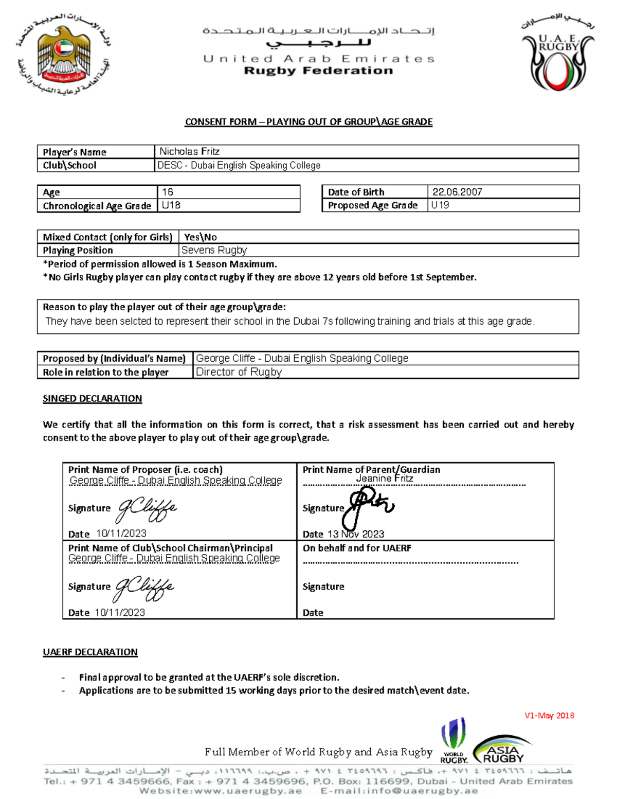DESC Dubai 7s 2023 Dispensation Form Playing Out of Age Grade - Full ...