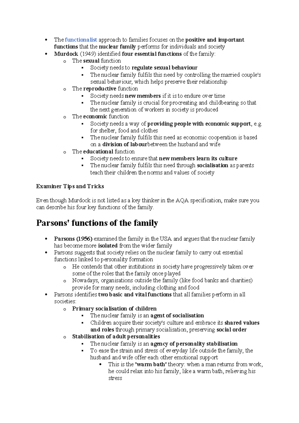 Sociology paper 1 family thories gcse - The functionalist approach to ...