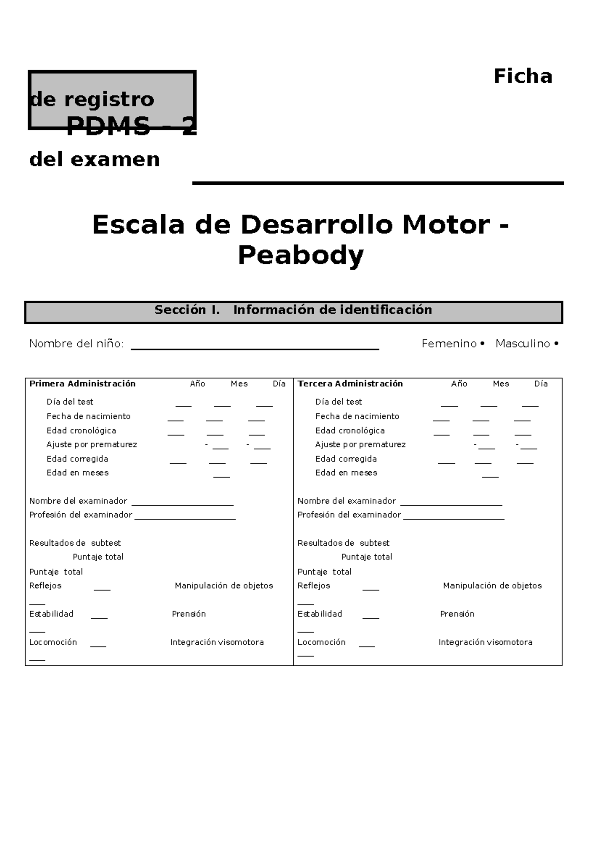 Registro del Examen Peabody - PDMS-2: Evaluación del Desarrollo Motor ...
