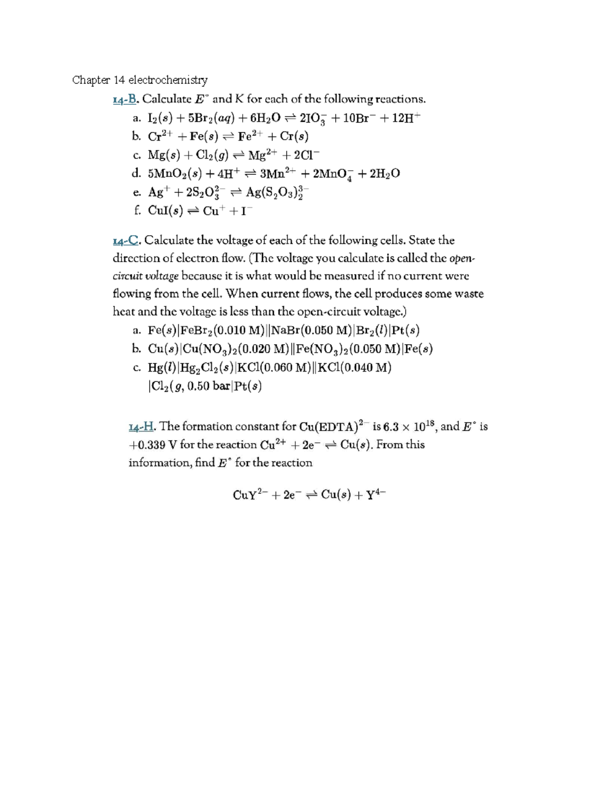 Chem 218 Chapter 14 & 15: Electrochemistry Problems and Solutions - Studocu