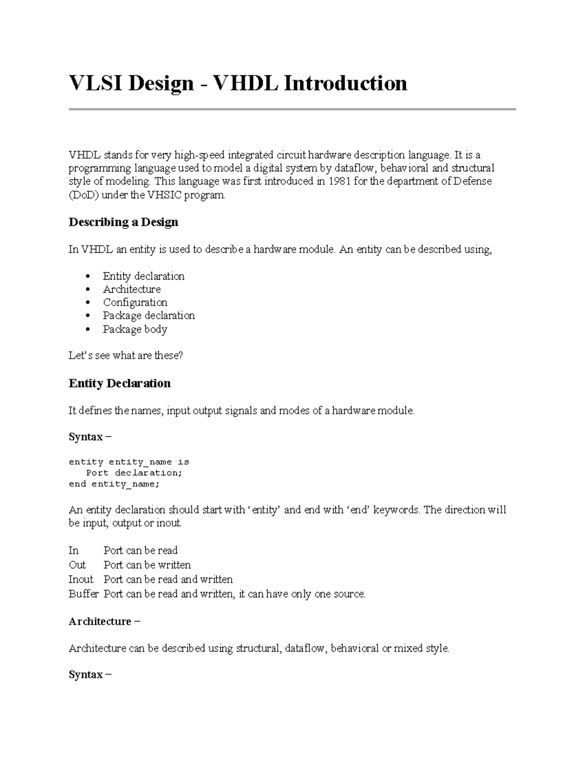 VLSI Design VHDL: Introduction to Digital System Modeling - Studocu