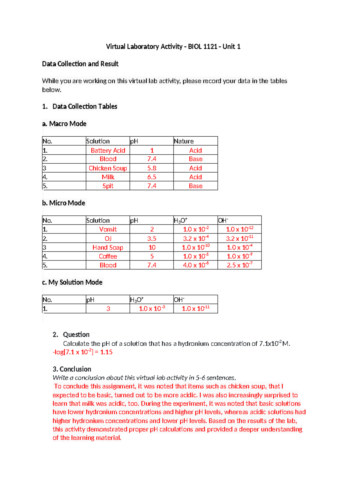 BIOL 1121 Virtual Lab 1: pH Data Collection & Analysis - Studocu