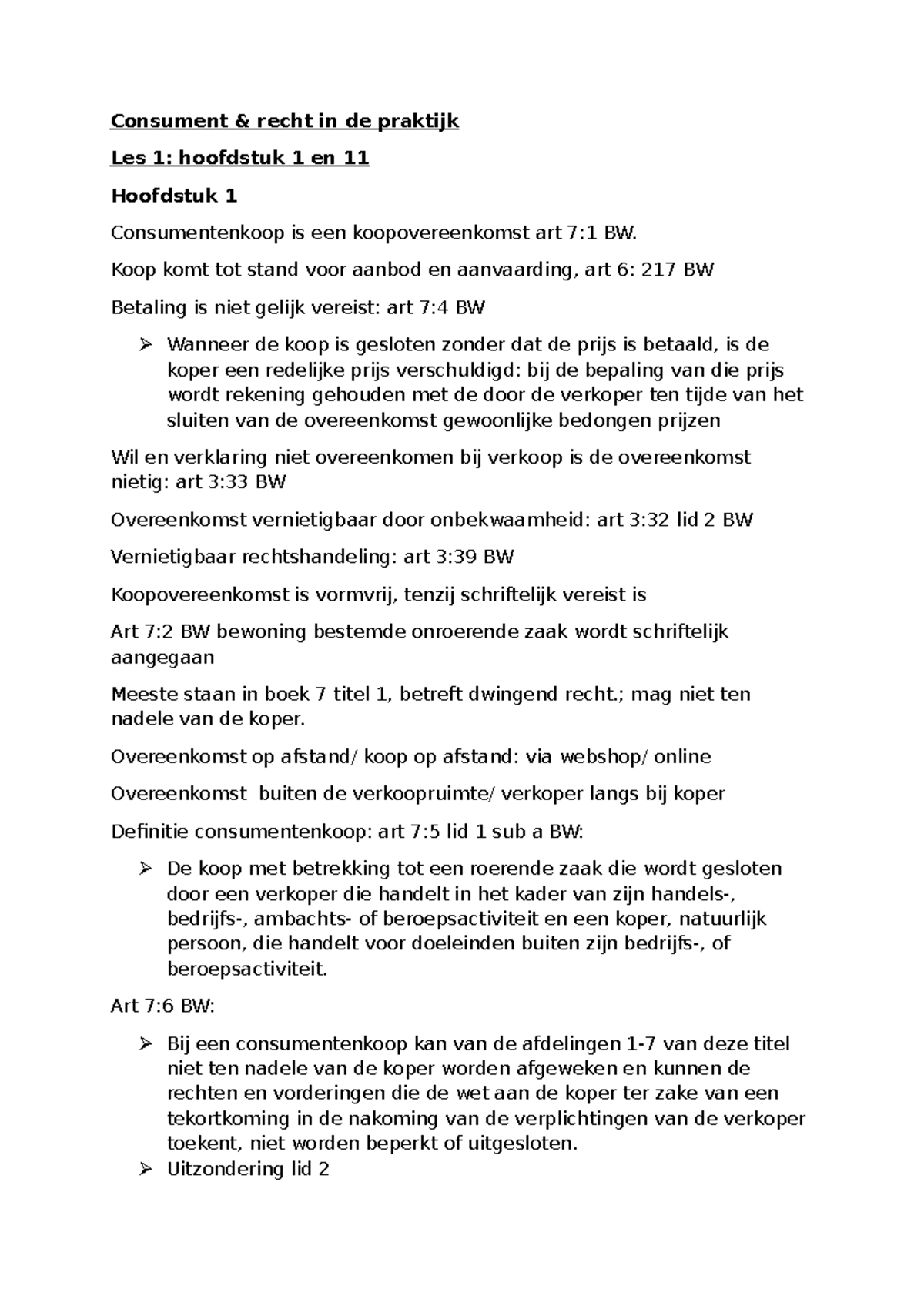 Consumentenrecht in de Praktijk: Les 1 Hoofdstukken 1 en 11 - Studeersnel