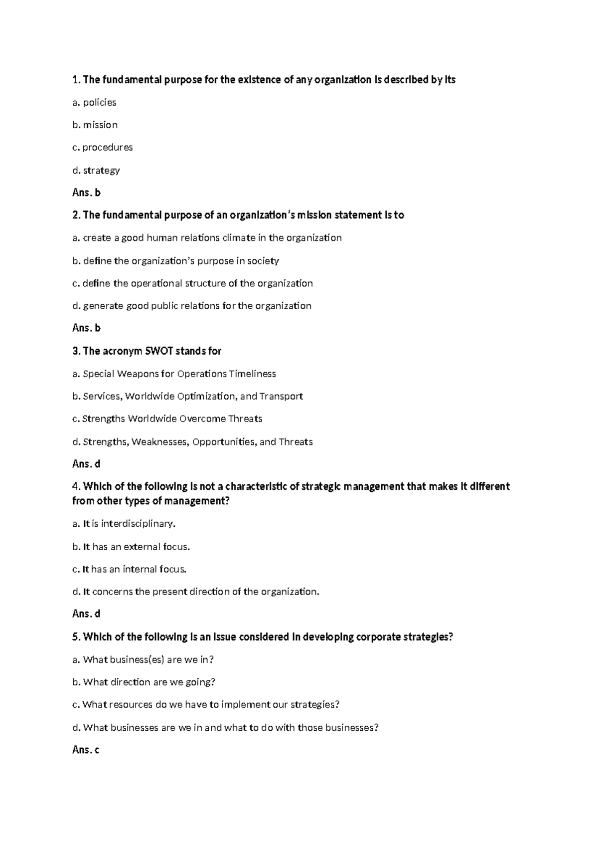 Strategic Management MCQs for Final Exam Preparation (Course Code ...